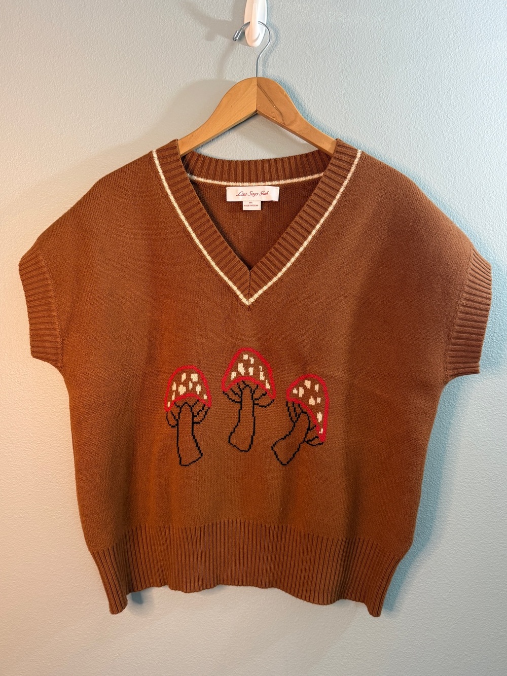 Lisa Says Gah Mushroom Sweater Brown M/L V-Neck Knit